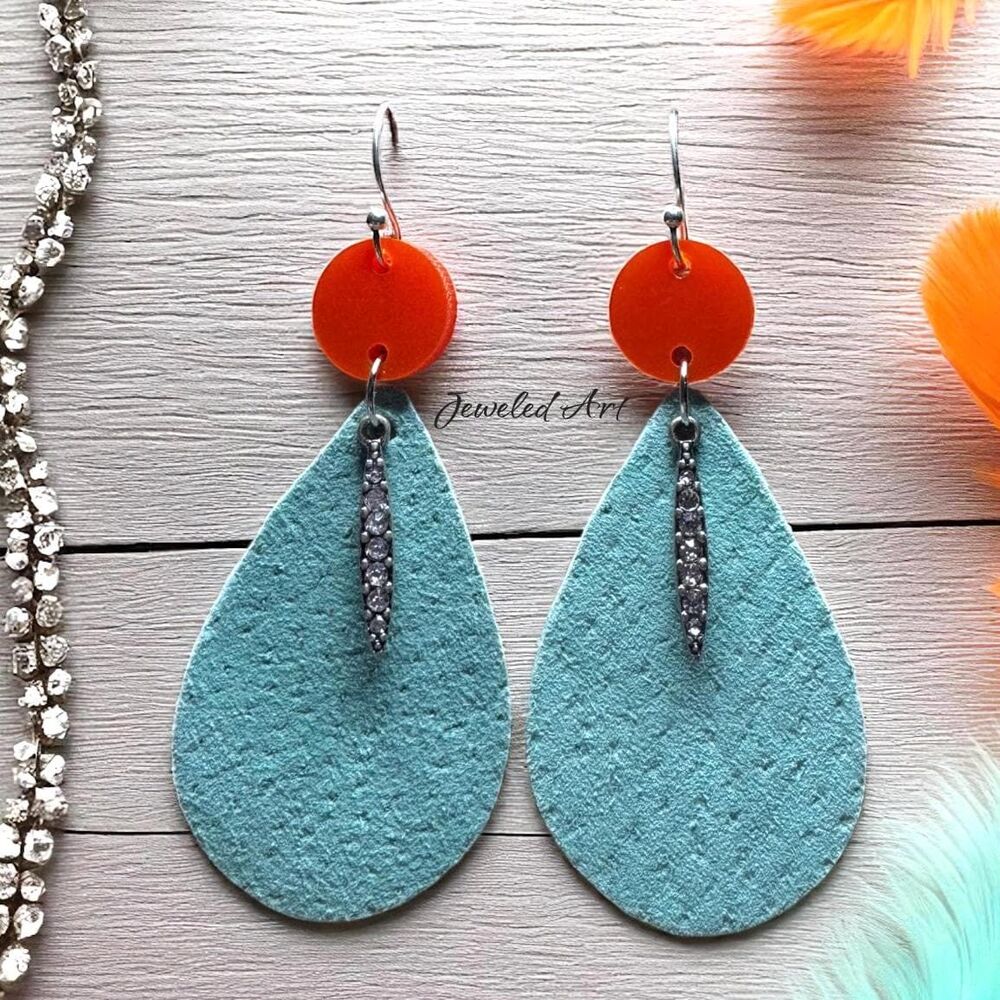 Hand-Painted Showgirl Inspired Turquoise Teardrop Glitter Accent Earrings - Picture 4 of 5